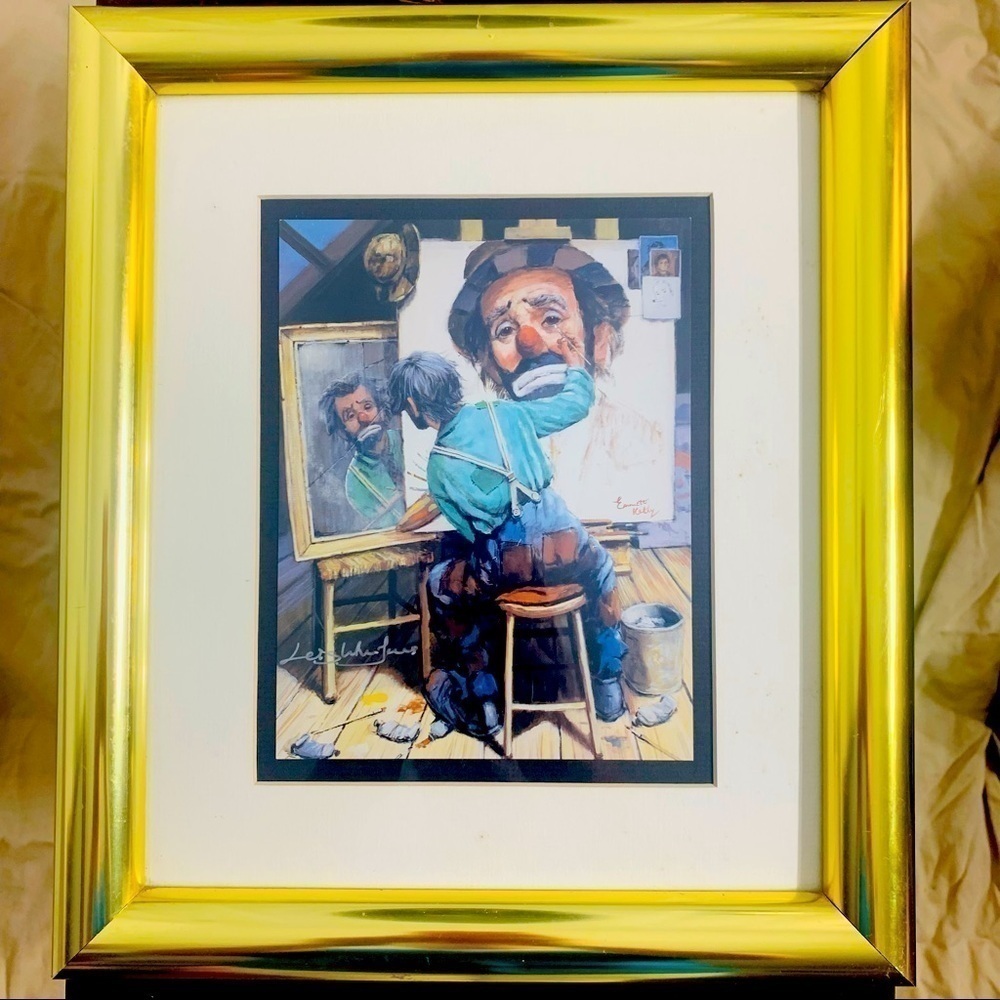 Vintage Emmett Kelly reflecting reality clown painting vintage lithograph